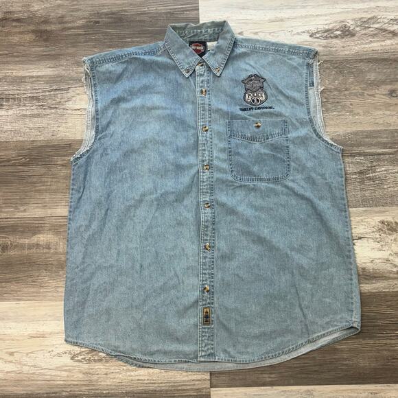 Vintage Y2K Harley Davidson Police Motorcycles Blue Denim Men L Sleeveless Shirt - Picture 1 of 7